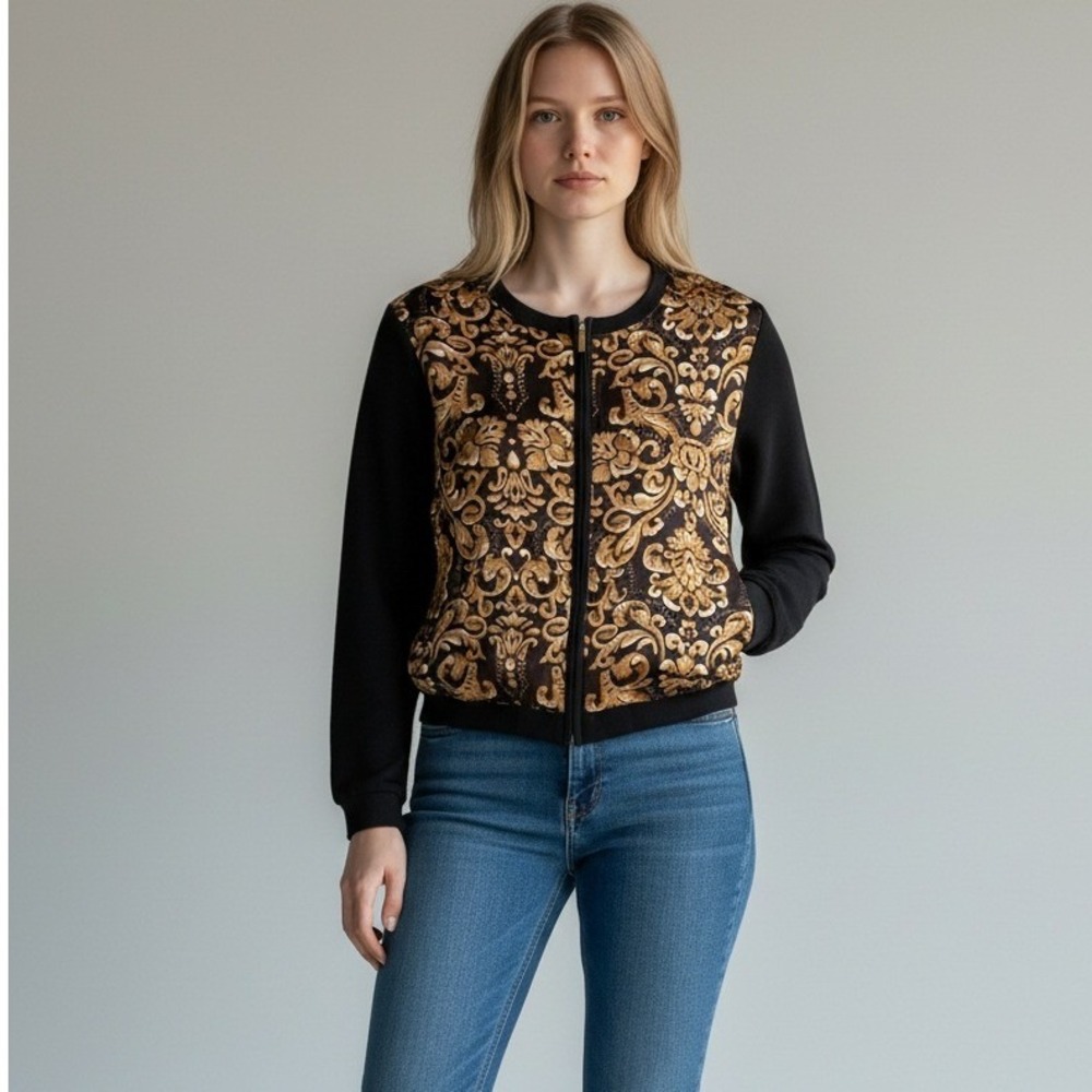Jones New York Knit Bomber Cardigan Black Gold Floral PM Lightweight Chic‎ NWOT